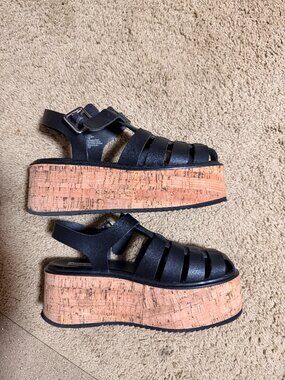 STEVE MADDEN BLACK FISHERMAN CORK PLATFORM SANDALS SIZE 7.5